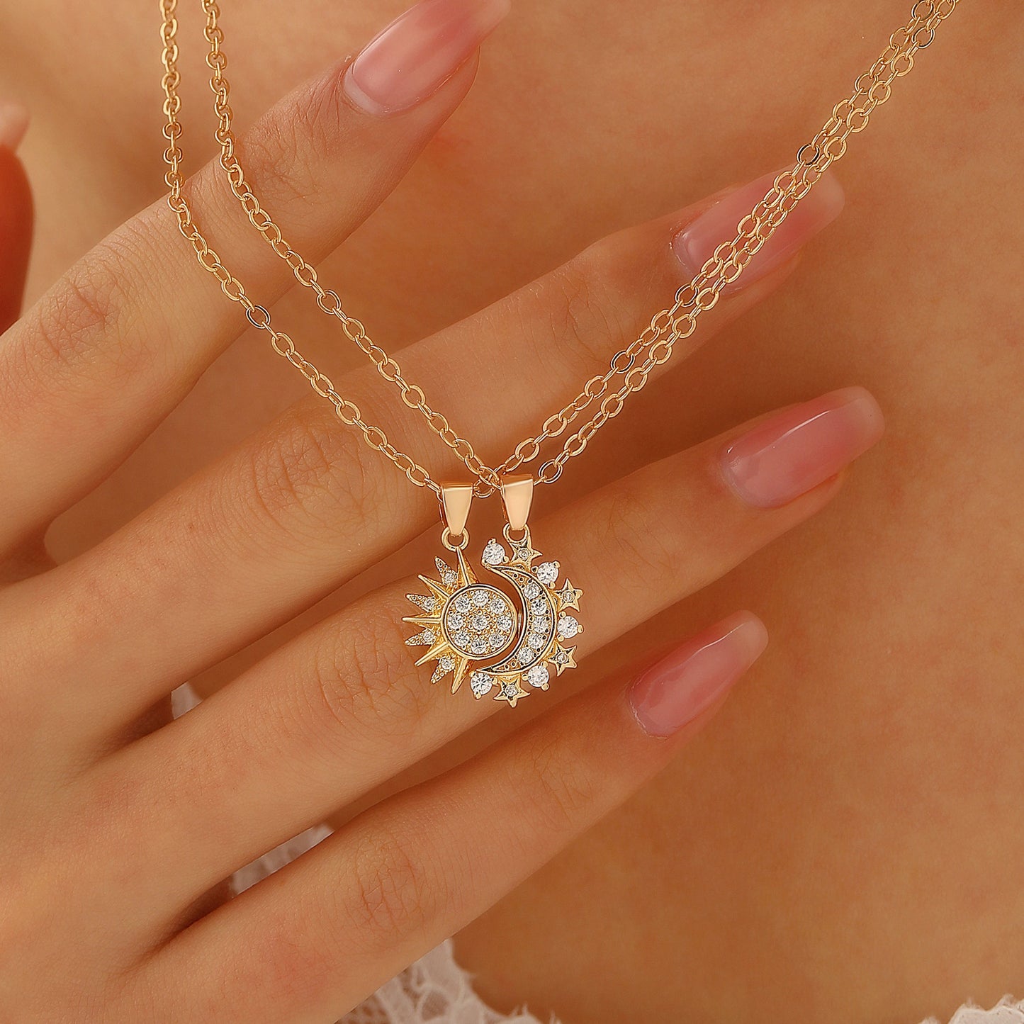 2pcs Necklace Sun And Moon Magnetic Pendant Clavicle Chain Necklace For Couple Lovers. Shop Now 🛍️