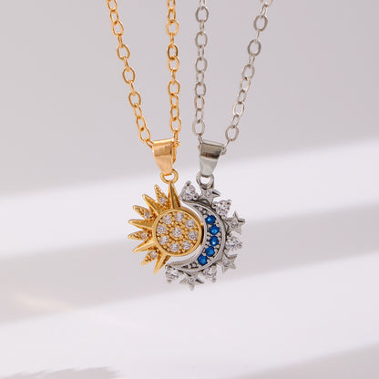 2pcs Necklace Sun And Moon Magnetic Pendant Clavicle Chain Necklace For Couple Lovers. Shop Now 🛍️